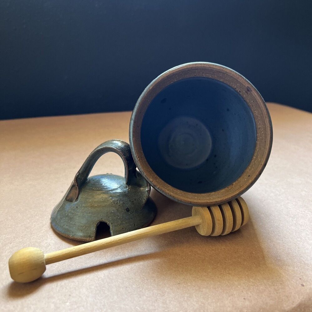 Handmade Signed Pottery Honey Pot With Stick Blue - Picture 8 of 9